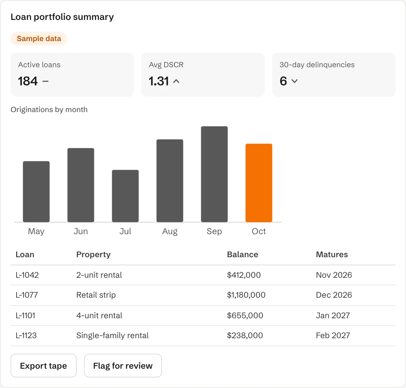 Sample generated interface showing loan portfolio metrics, a chart, and a table
